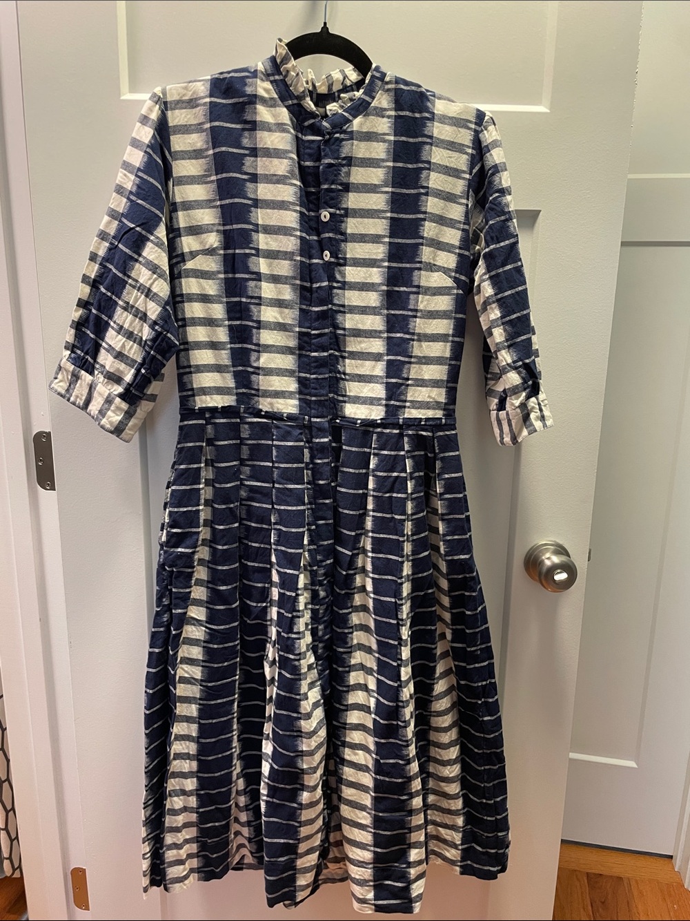 Daydress Hand Blocked Printed Navy 
 White Shirtdress 100% Cotton IKAT